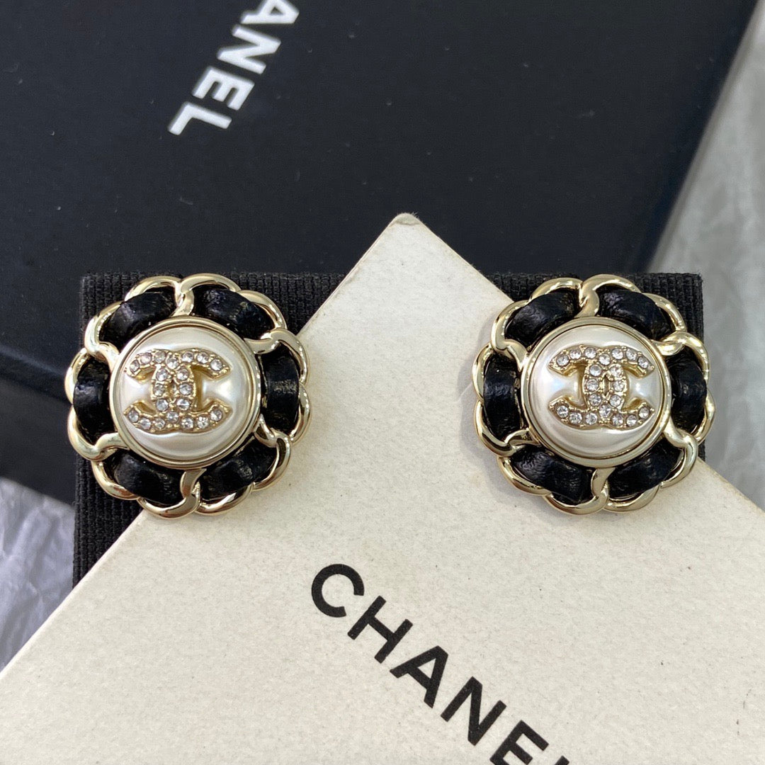 Chanel Black Leather Button Necklace Earrings