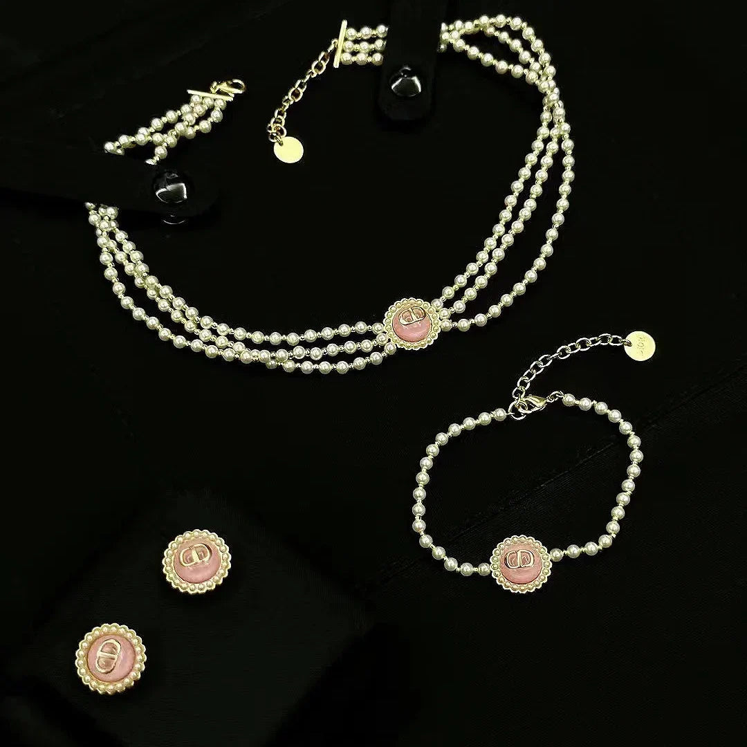 Dior Pearl Pink Candy Necklace Bracelet Earrings
