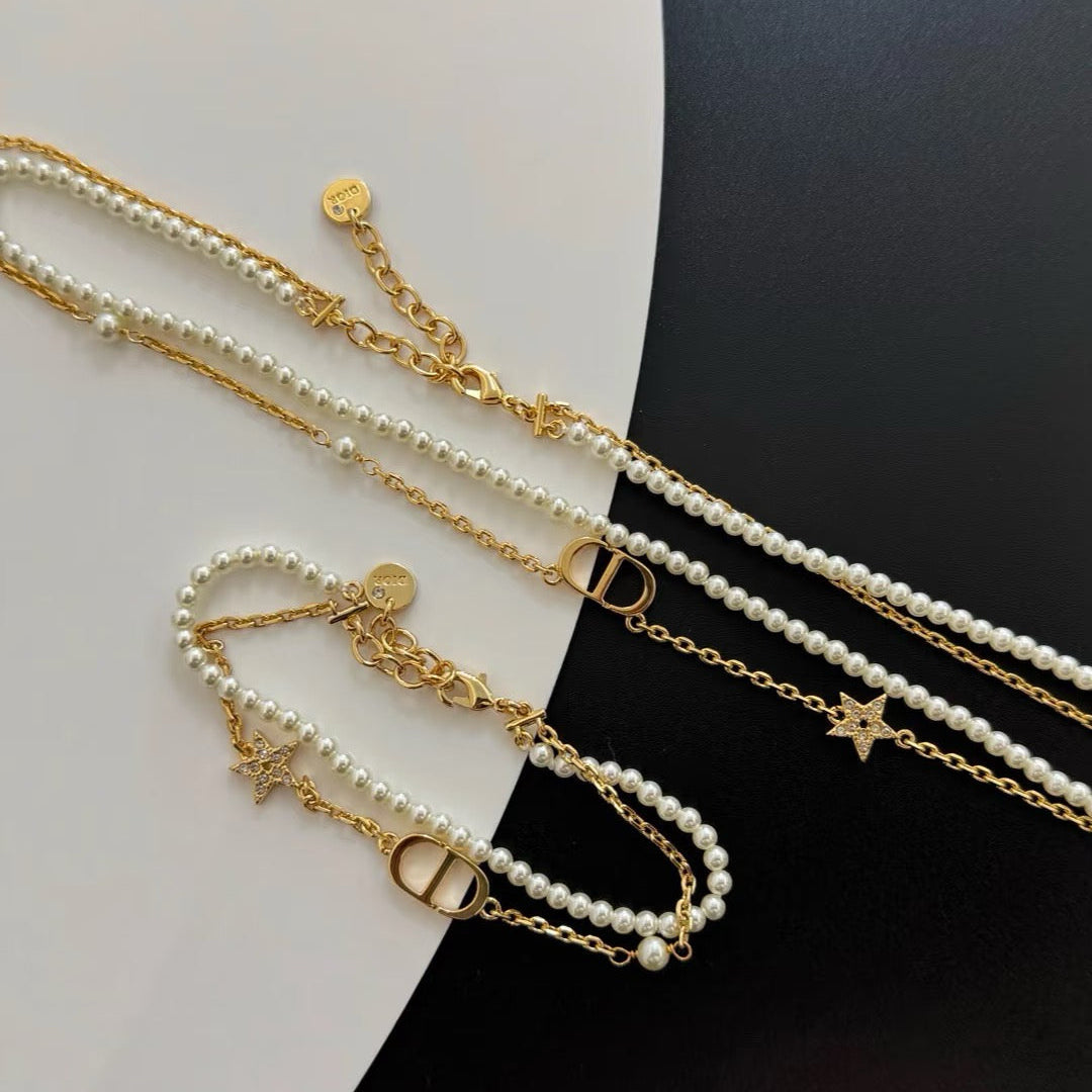 Dior Pearl Double Chain Necklace Bracelet