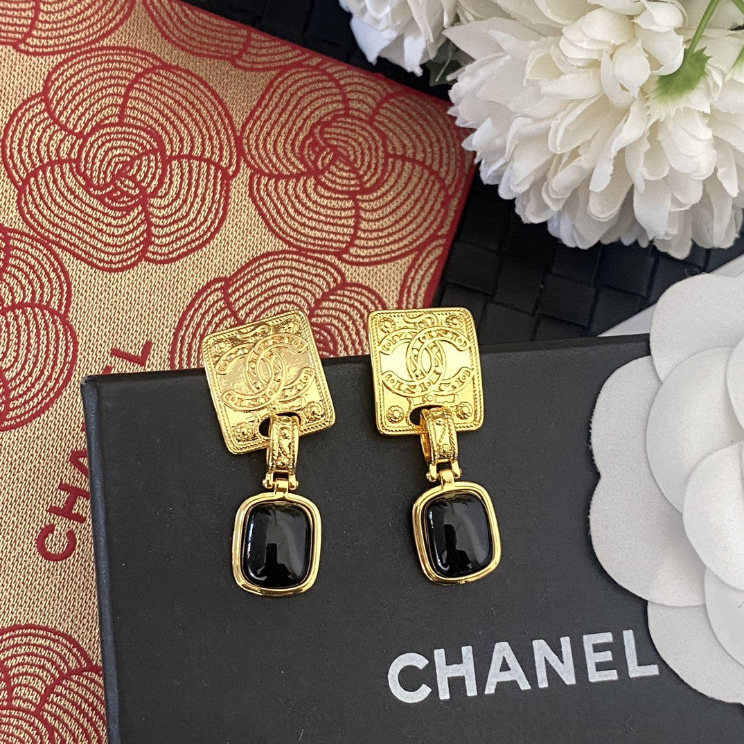 18K  Chanel Black Crystal Earrings